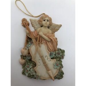 Angel Ornament 4"‎ Resin Angel Musical Instrument Cello Flowers Hearts Christmas